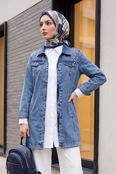 Modamorfo Stone Embroidered Washed Denim Jacket - Blue