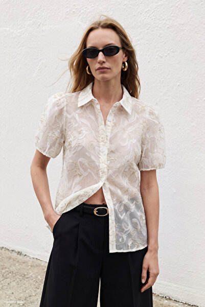 Sateen Embroidered Short Sleeve Shirt - Ecru