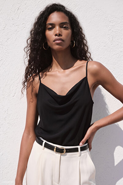Sateen Strappy Collar Blouse - Black