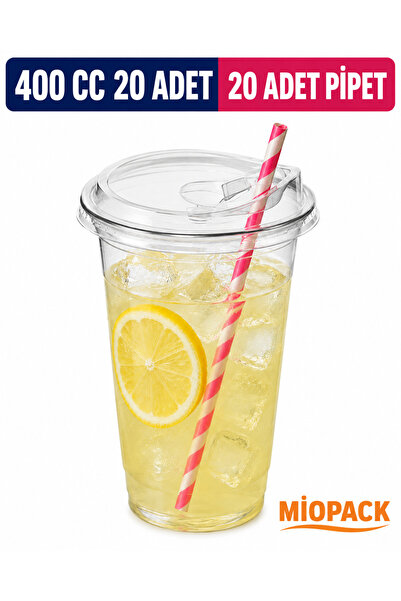 Miopack Pipetli 400 Cc Plastik Pet Limonata Milkshake Bardağı 20 Adet Klips K...