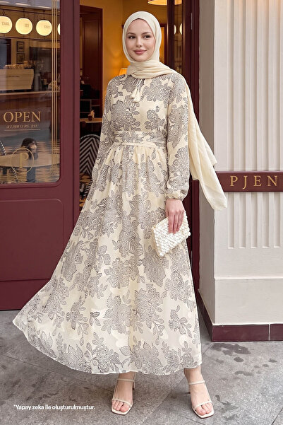 InStyle Ribbed Waist Detail Beige Chiffon Dress