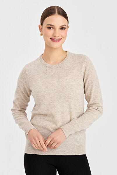 Desen Triko Women's Crew Neck Wool Sweater V.Beige