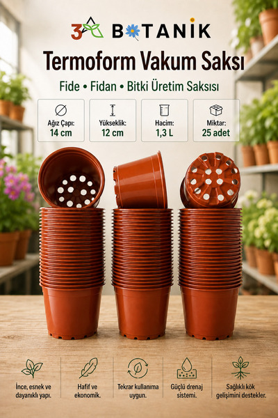 3A BOTANİK Termoform Bitki Üretim Saksısı, 14x12 cm 1,3 Litre Fide Fidan Bitk...