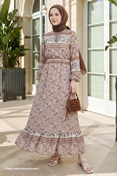 InStyle Misa Striped Floral Jacquard Yoryo Chiffon Dress - Light Brown