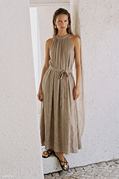 Sateen Belted Dress - Camel