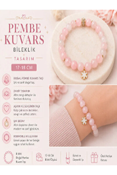 Leyandoğaltaş Pembe Kuvars Doğal Taş Bileklik 8 mm 17-18 cm Altın Kaplama Cha...