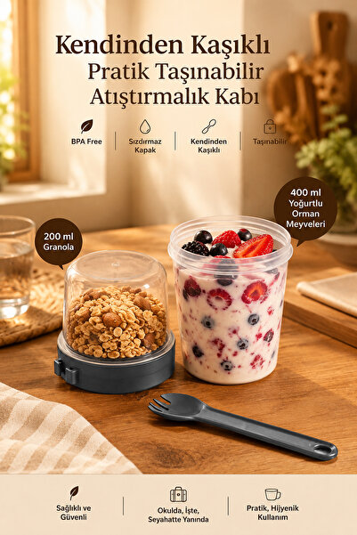 Porsima 5817 Yoğurt Müsli Kabı – Kendinden Kaşıklı Pratik Taşınabilir Kaşıklı...