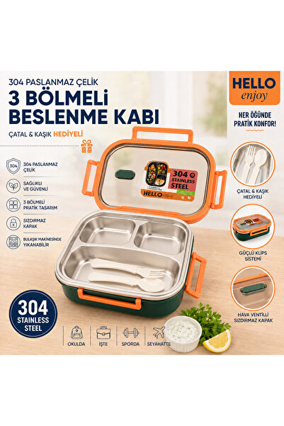 MUZEKO Hello Enjoy 3 Bölmeli Paslanmaz Çelik Yemek Kabı Sızdırmaz Kapaklı Taş...