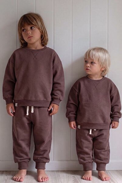Cigit Basic Karyoka Detailed Sweatshirt Set 3-8 Years Plum