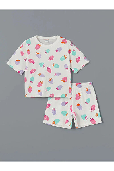 LC Waikiki Lcw Kids Ecru Crew Neck Girls' Sleepwear Set with Shorts