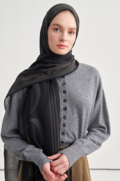 carell Monogram Pattern Norena Wool Shawl Black