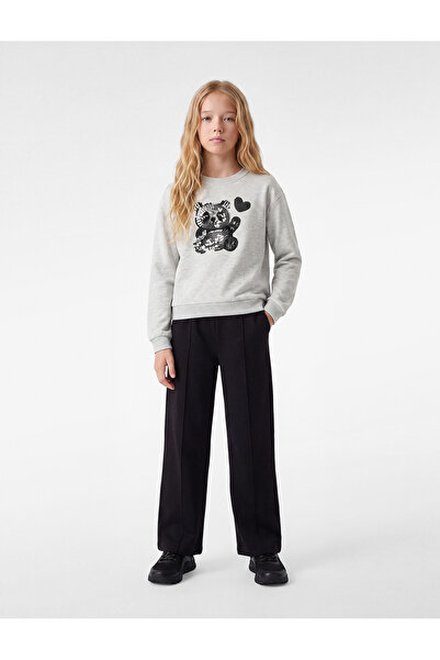 Koton Long Sleeve Crew Neck Panda Printed Sequined Sweatshirt