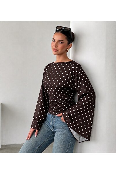 ns nirvana secret Women's Boat Neck Polka Dot Spanish Sleeve Slit Blouse