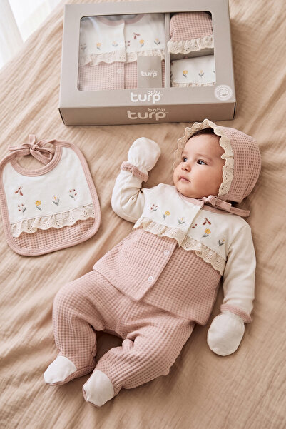 TURP BABY Baby Turp Waffle Dokulu Çiçek Nakışlı Güpür Detaylı Kutulu 5'li Kız...