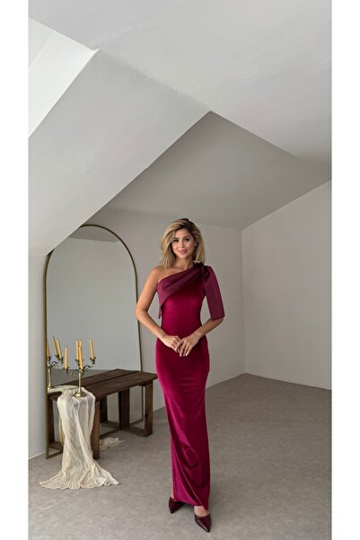 Nesil Satin Bow Skirt Slit Velvet Women's Silvera Dress