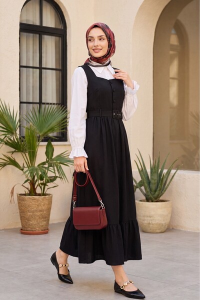Modamorfo Buttoned Top, Ruffled Bottom, Belted Waist Gilet Dress - Black