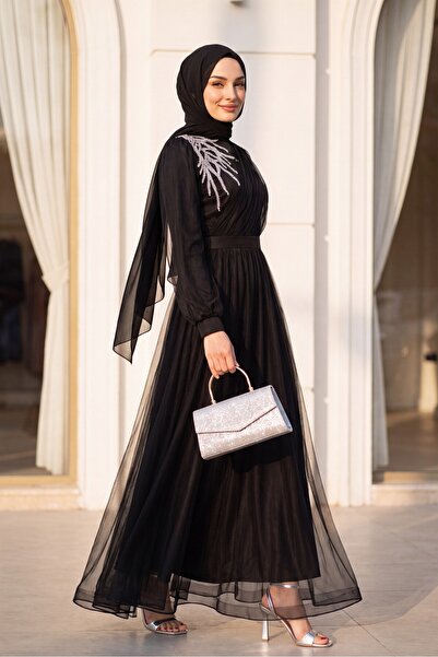 Modamorfo Front Stone Detail Draped Belted Tulle Evening Dress