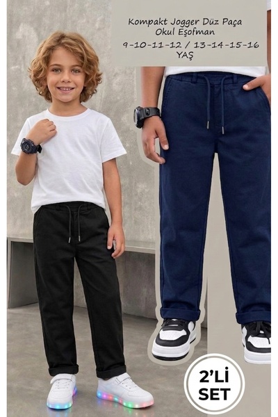 CALİSA Unisex Kız Erkek Çocuk 2'li Okul Eşofman Altı Siyah Lacivert Cepli 3 İ...