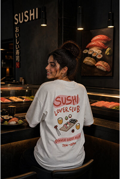 Ninkasiwear 'Sushi Lover Club' Baskılı Oversize Unisex 24/1 Pamuklu Tişört