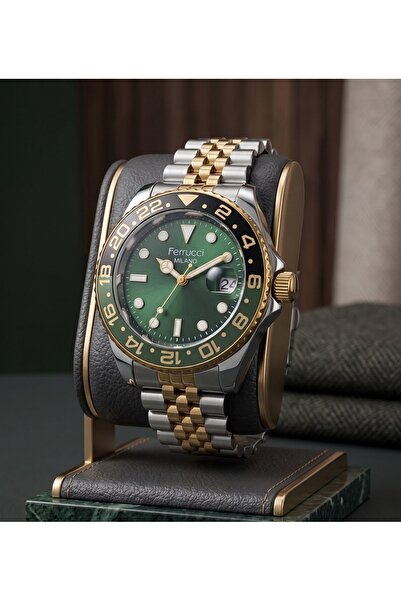 Ferrucci Milano Erkek Kol Saati 39 mm Yeşil Kadran Siyah-Yeşil Bezel Fosforlu...