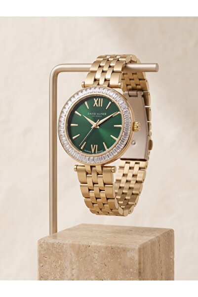DAVID GUNER San Diego Human Made Kadın Kol Saati 34 mm Yeşil Kadran Gold Taşl...