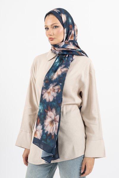 m moon scarf ÇİÇEK DESEN PAMUK ŞAL , İTHAL KUMAŞ , YÜKSEK KALİTE & YENİ SEZON ŞAL , ROSEA KOLEKSİYONU " Lacivert-Bej "