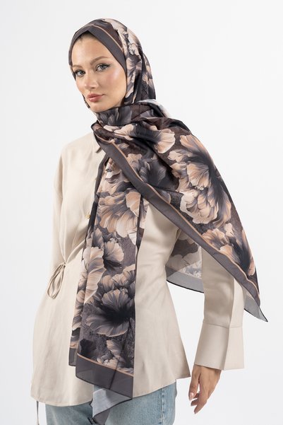 m moon scarf ÇİÇEK DESEN PAMUK ŞAL , İTHAL KUMAŞ , YÜKSEK KALİTE & YENİ SEZON ŞAL , ROSEA KOLEKSİYONU " Füme-Latte "