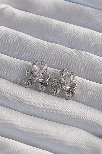 Inure Jewelry Brass Silver Color Zircon Stone Heart Model Bow Earrings