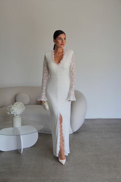 Julidress V-Neck Slit Detailed Maxi Length White Lace Dress