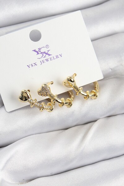 Inure Jewelry Brass Zircon Stone Heart Model Gold Color 3-Piece Women's Earrings