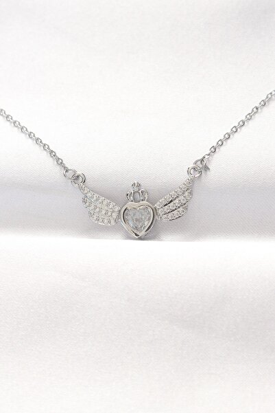 Inure Jewelry 316L Steel Silver Color Zircon Stone Heart Wing Necklace