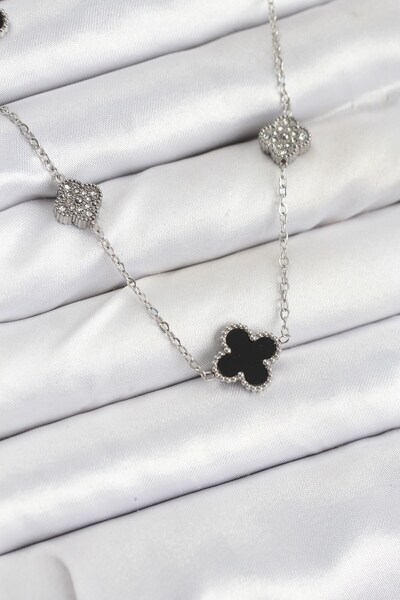 Inure Jewelry 316L Steel Chain Silver Color Black and Zircon Stone Clover Wom...