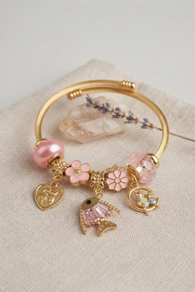 Inure Jewelry Pink Color Gold Bracelet with Fish Charm