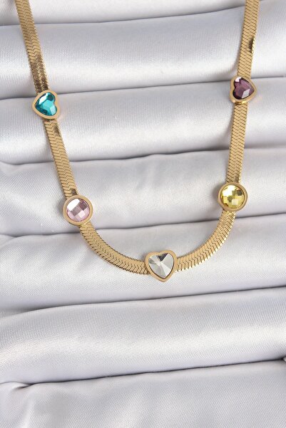 Inure Jewelry 316L Steel Gold Color Italian Chain Colorful Zircon Stone Heart...