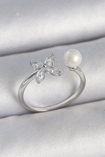 Inure Jewelry Brass Silver Color Zircon Stone Flower Model Pearl Detail Adjus...