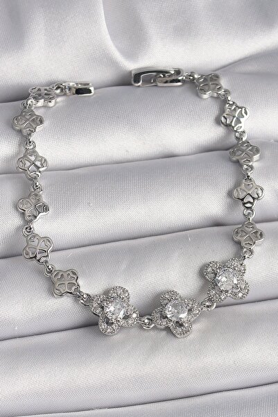 Inure Jewelry Brass Silver Color Zircon Stone Clover Model Women's Bracelet