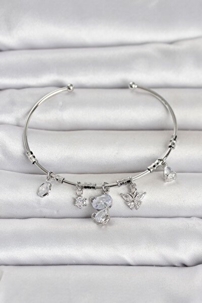 Inure Jewelry Silver Color Brass Cat Detailed Charm Women's Bracelet