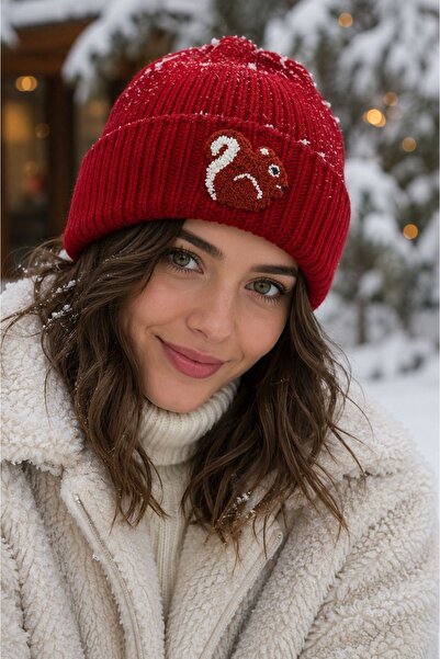 byebruketenci Red Wool Beret Squirrel Punch Detailed Hat Christmas Gift