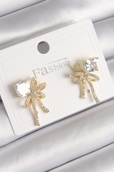 Inure Jewelry Brass Gold Color Zircon Stone Ribbon Model Women's Earrings