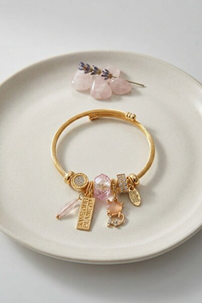Inure Jewelry Cat Model Pink Charm Bracelet