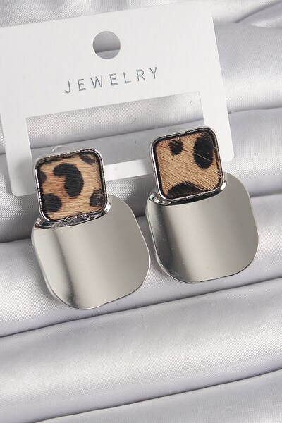 Inure Jewelry Brass Silver Color Square Plate Leopard Print Women's Earrings