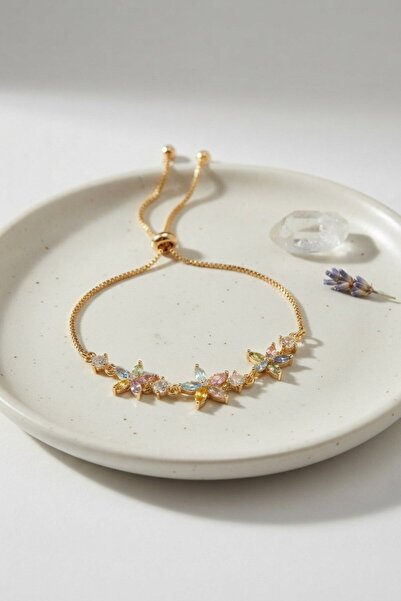 Inure Jewelry Brass Gold Color Floral Model Zircon Stone Elevator Bracelet