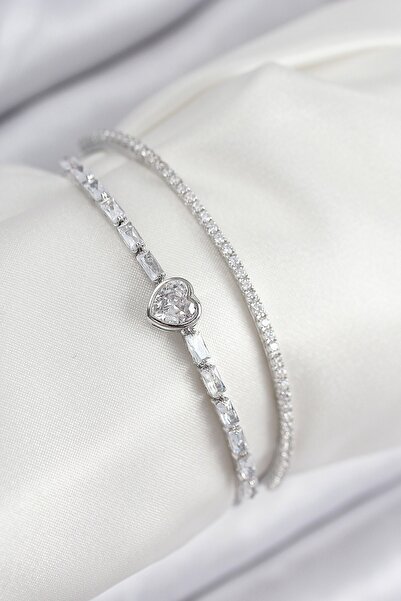 Inure Jewelry Brass Zircon Stone Heart Model Silver Color Women's Bracelet