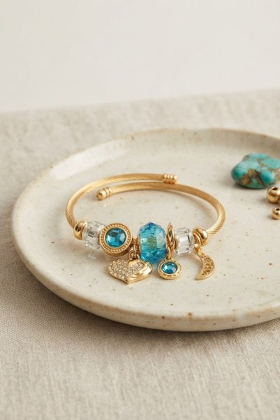Inure Jewelry Heart Model Gold Color Blue Charm Bracelet