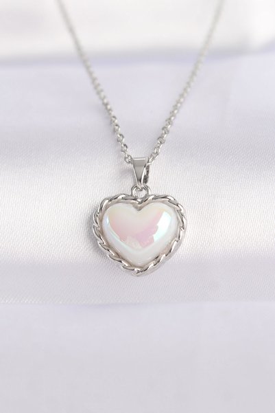 Inure Jewelry 316L Steel Chain Silver Color White Stone Curved Heart Necklace