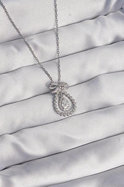 Inure Jewelry 316L Steel Silver Color Bow Detailed Zircon Stone Drop Model Ne...