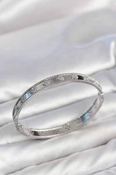 Inure Jewelry Silver Color Brass Clover Model Zircon Stone Women's Cuff Bracelet
