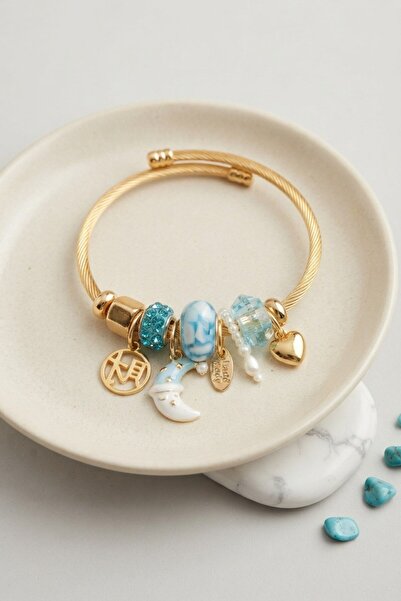 Inure Jewelry Moon and Heart Blue Charm Women's Bracelet