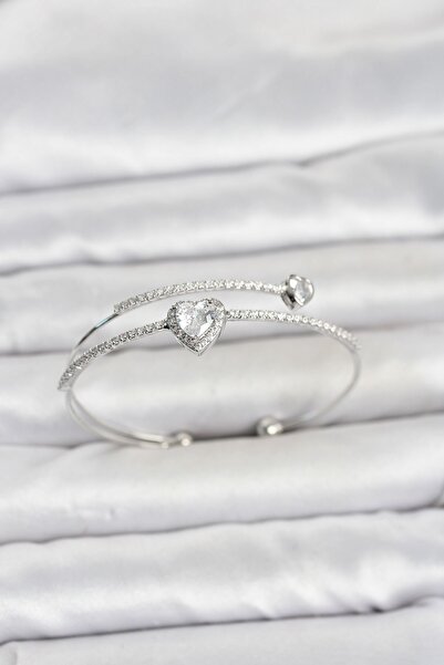 Inure Jewelry Brass Silver Color Heart Model Zircon Stone Women's Bracelet