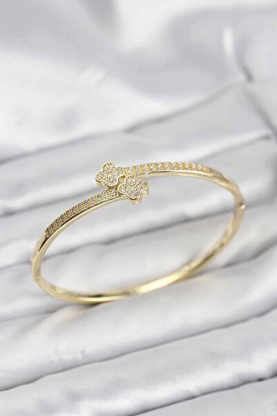 Inure Jewelry Brass Gold Color Zircon Stone Clover Model Women's Handcuff Bra...